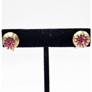 Vintage MCM Nemo Pink Rhinestone Screw Back Earrings Gold Tone Glass Round